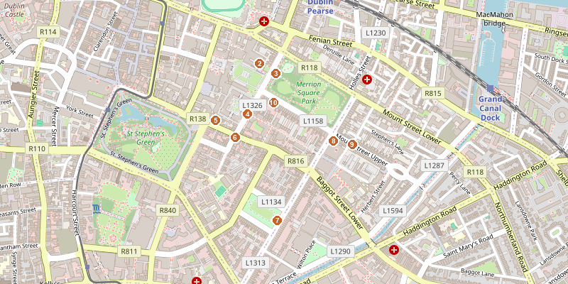 Map of Georgian Dublin and Merrion Square with each stop marked