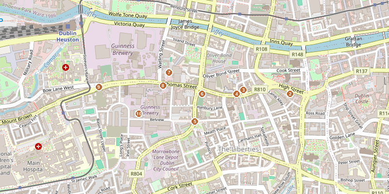 Map of Guinness and Thomas Street with each stop marked