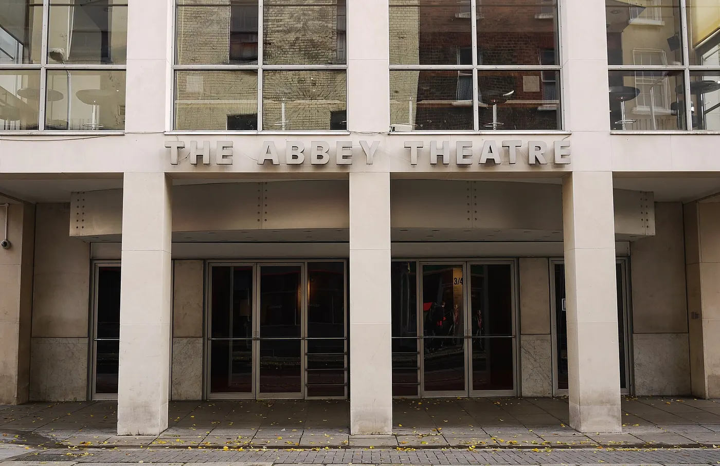 The entrance of the Abbey Theatre in Dublin with its name above the doors