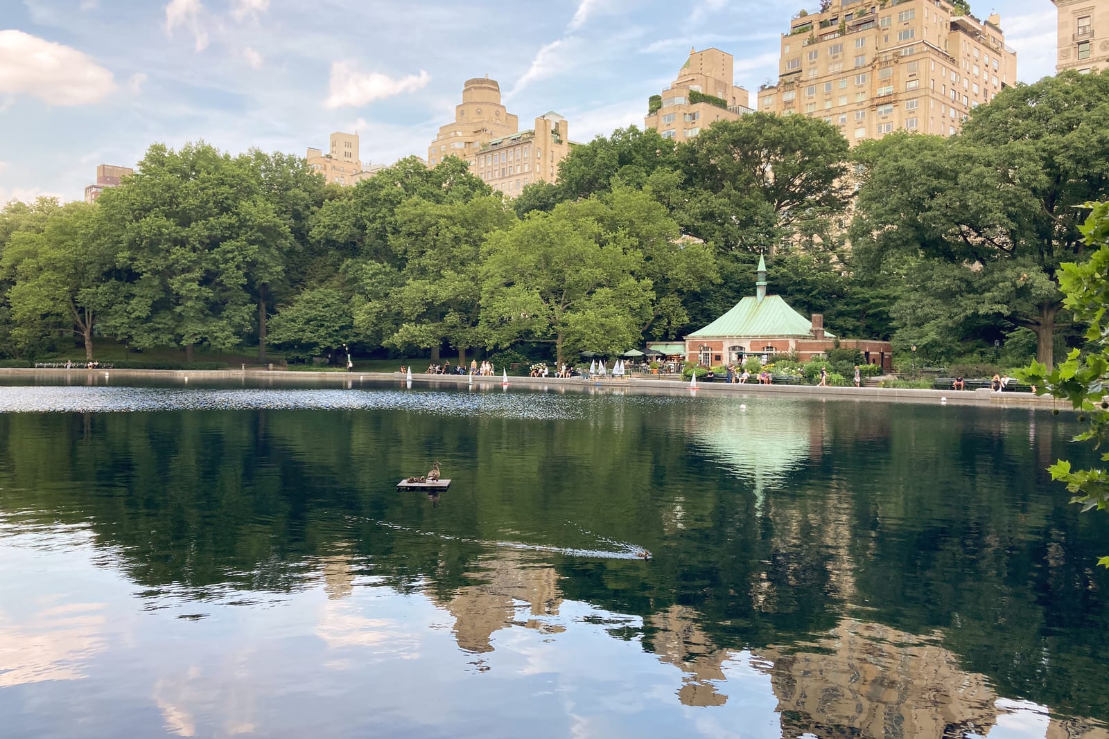 Conservatory Water in Central Park, with a boathouse and trees behind the pond