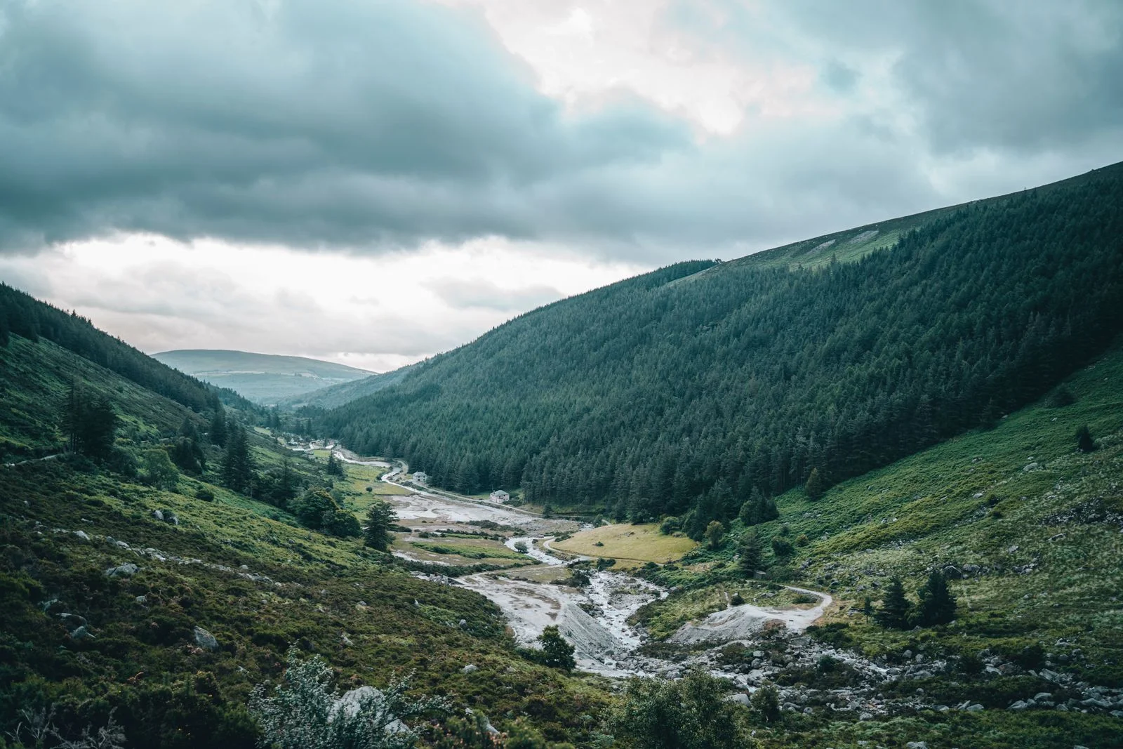 The green valley at Glenmalure, County Wicklow, with the river below