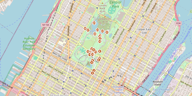 Map of Central Park — Southern Highlights with each stop marked