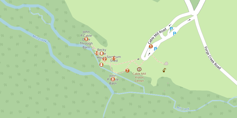 Map of Cable Mill Historic Area with each stop marked