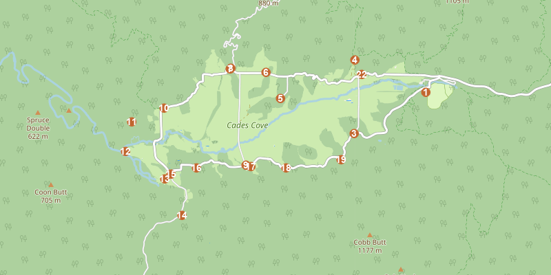 Map of Cades Cove Loop with each stop marked