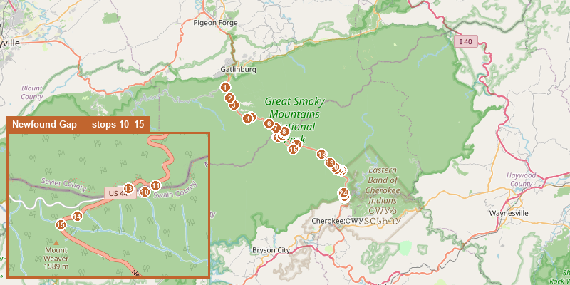 Map of Newfound Gap Road with each stop marked